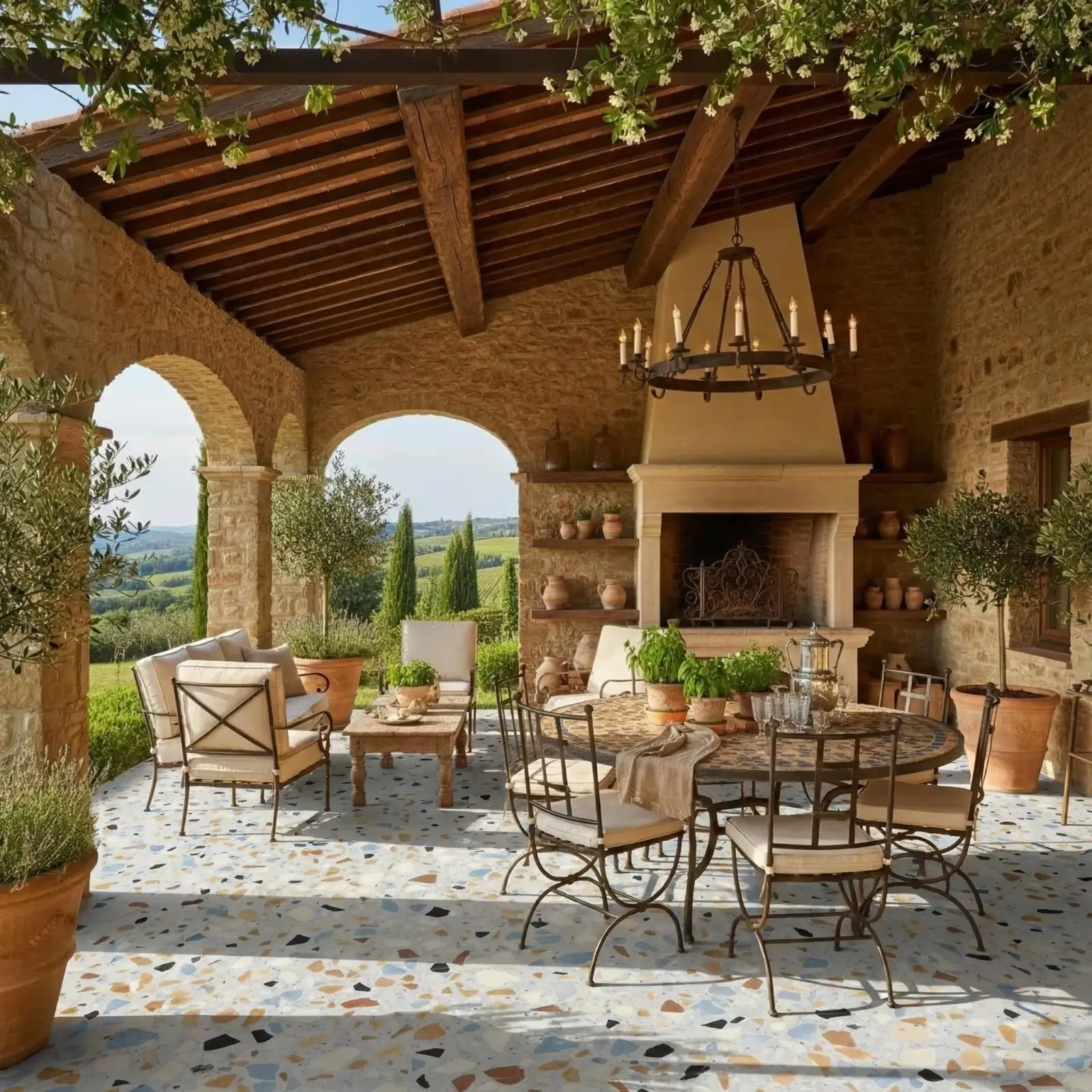 AI visualization of terrazzo flooring applied to a modern kitchen in RenoViz.