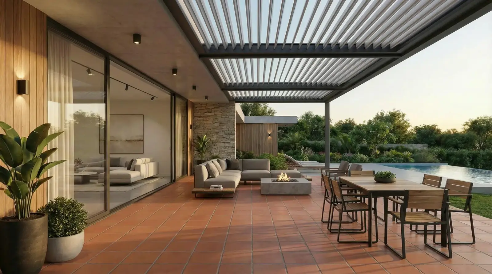 AI visualization of terracotta floor tile applied to a covered patio in RenoViz.