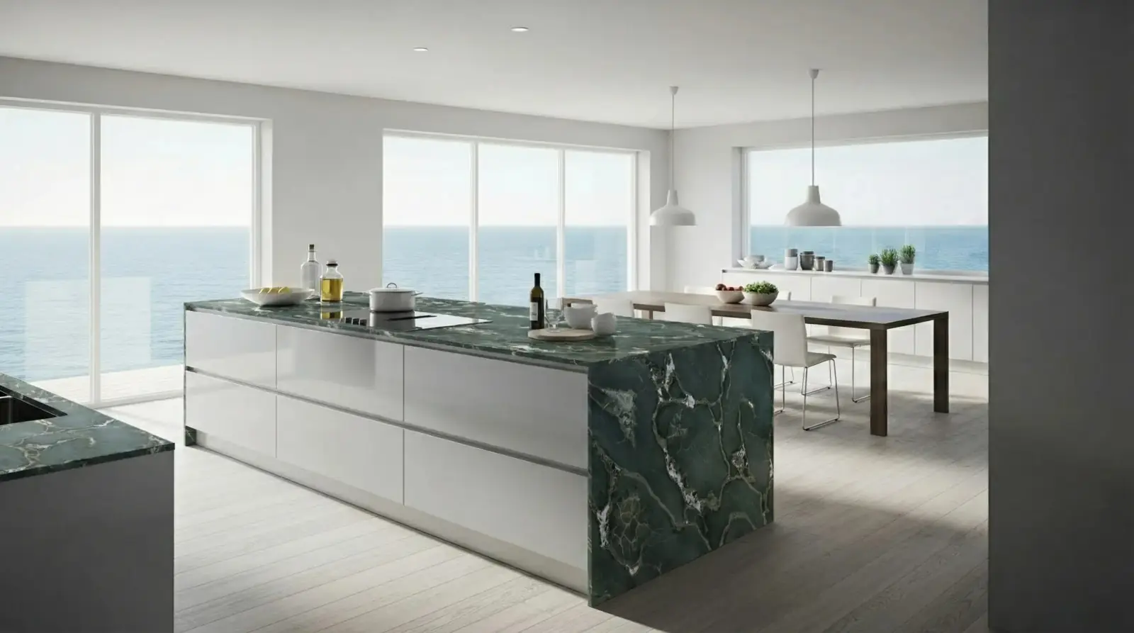 AI visualization of Safari Green Quartzite applied to a kitchen island in RenoViz.