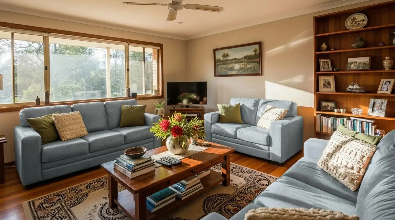 AI visualization of light blue linen applied to living room sofas in RenoViz.