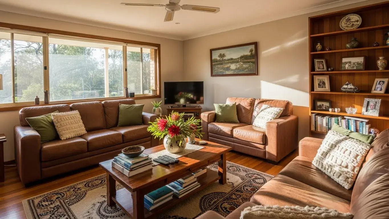 Before photo of a living room sofa ready for fabric visualization in RenoViz.