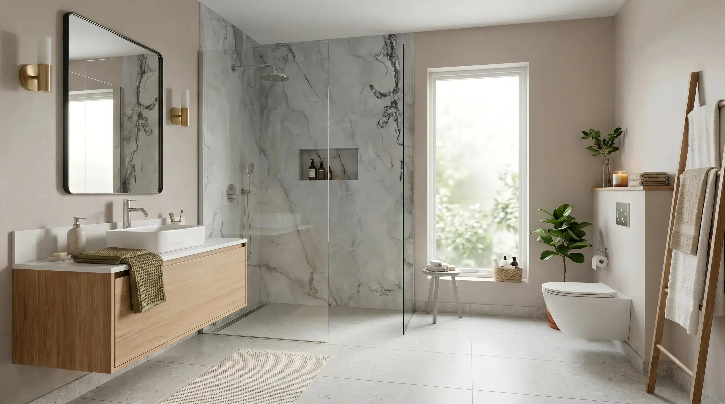 AI visualization of Calacatta marble applied to a bathroom wall in RenoViz.