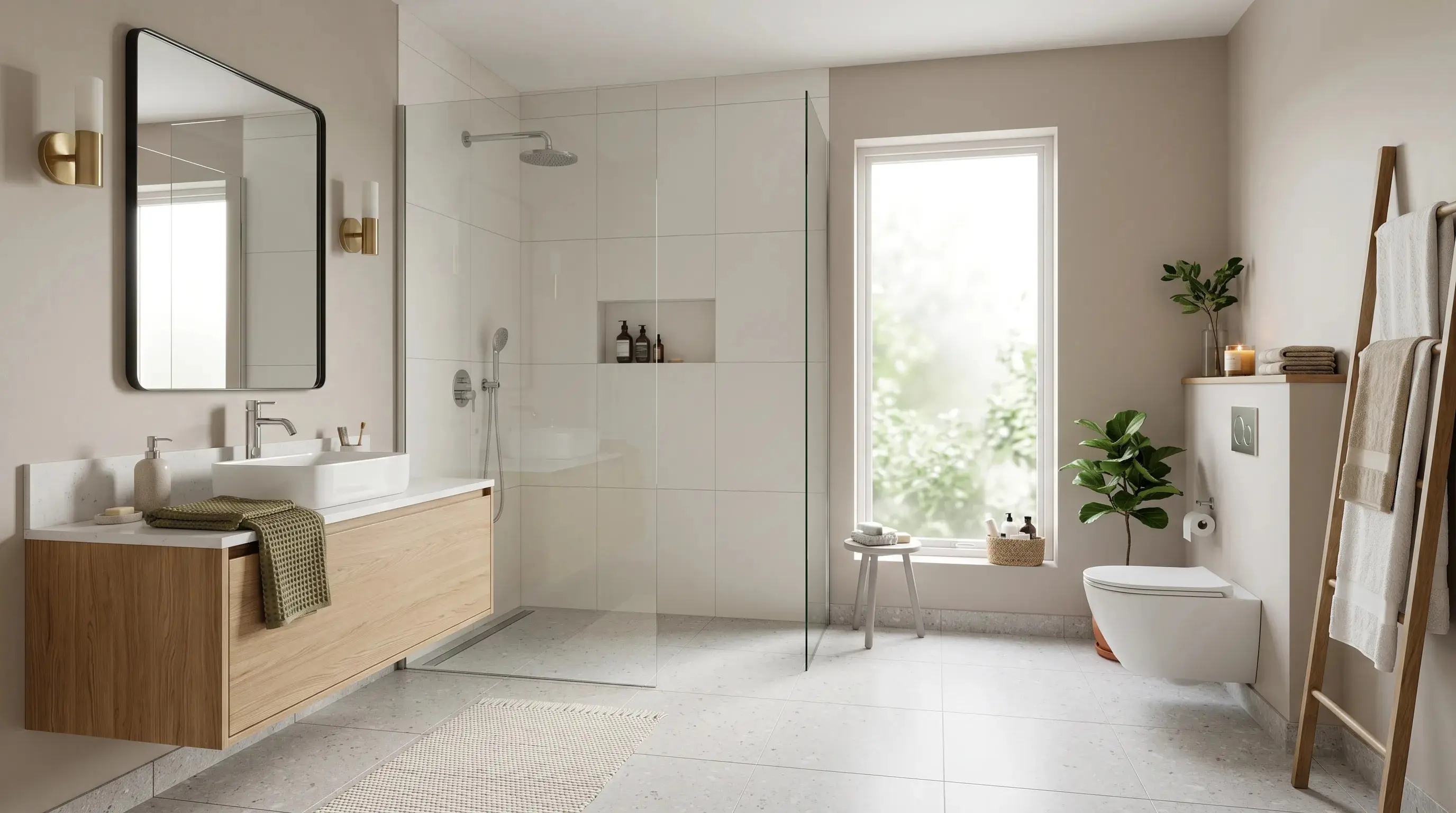 Before photo of a bathroom ready for Calacatta marble wall tile visualization in RenoViz.