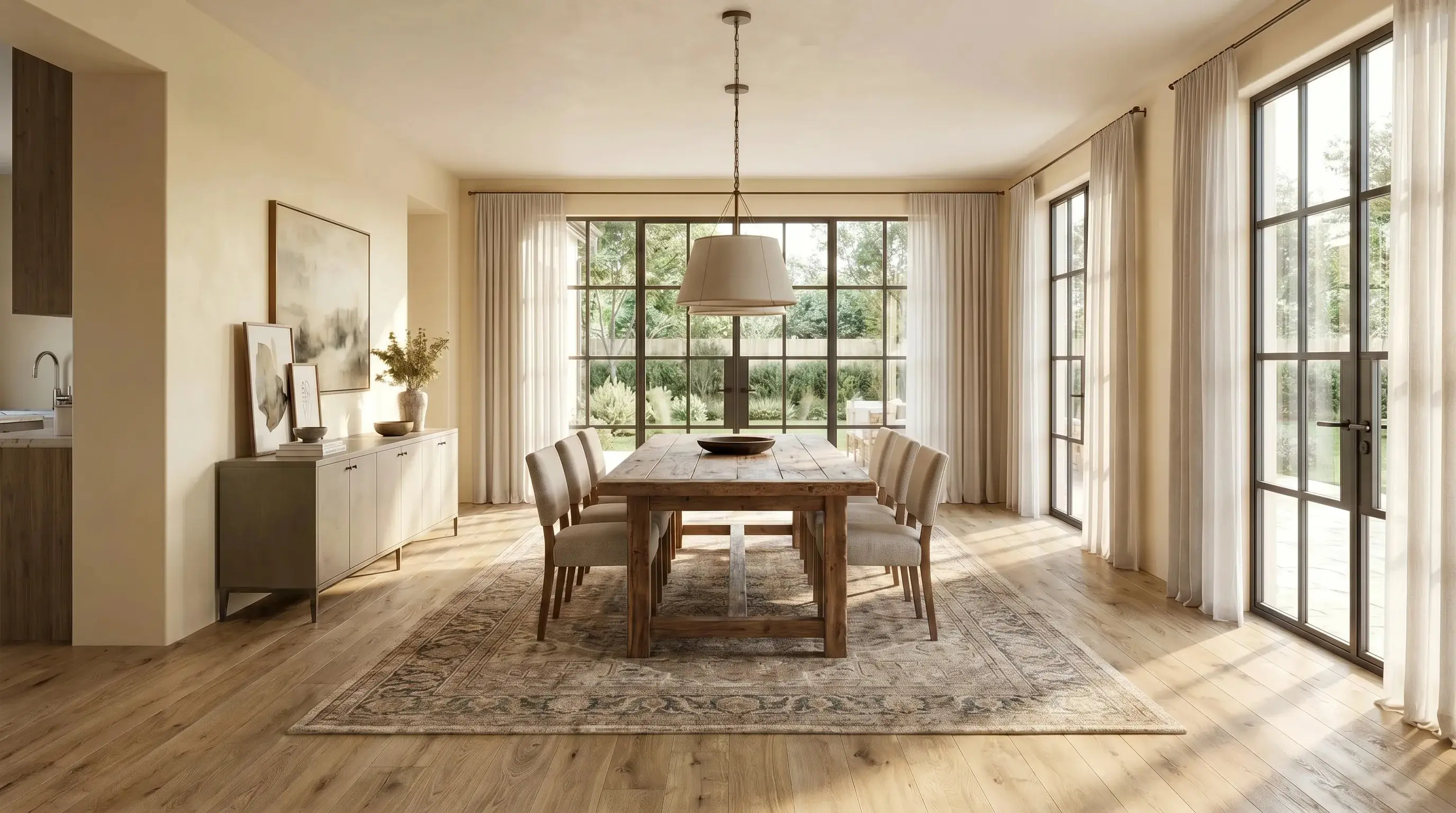 AI visualization of warm oak flooring applied to a dining room in RenoViz.