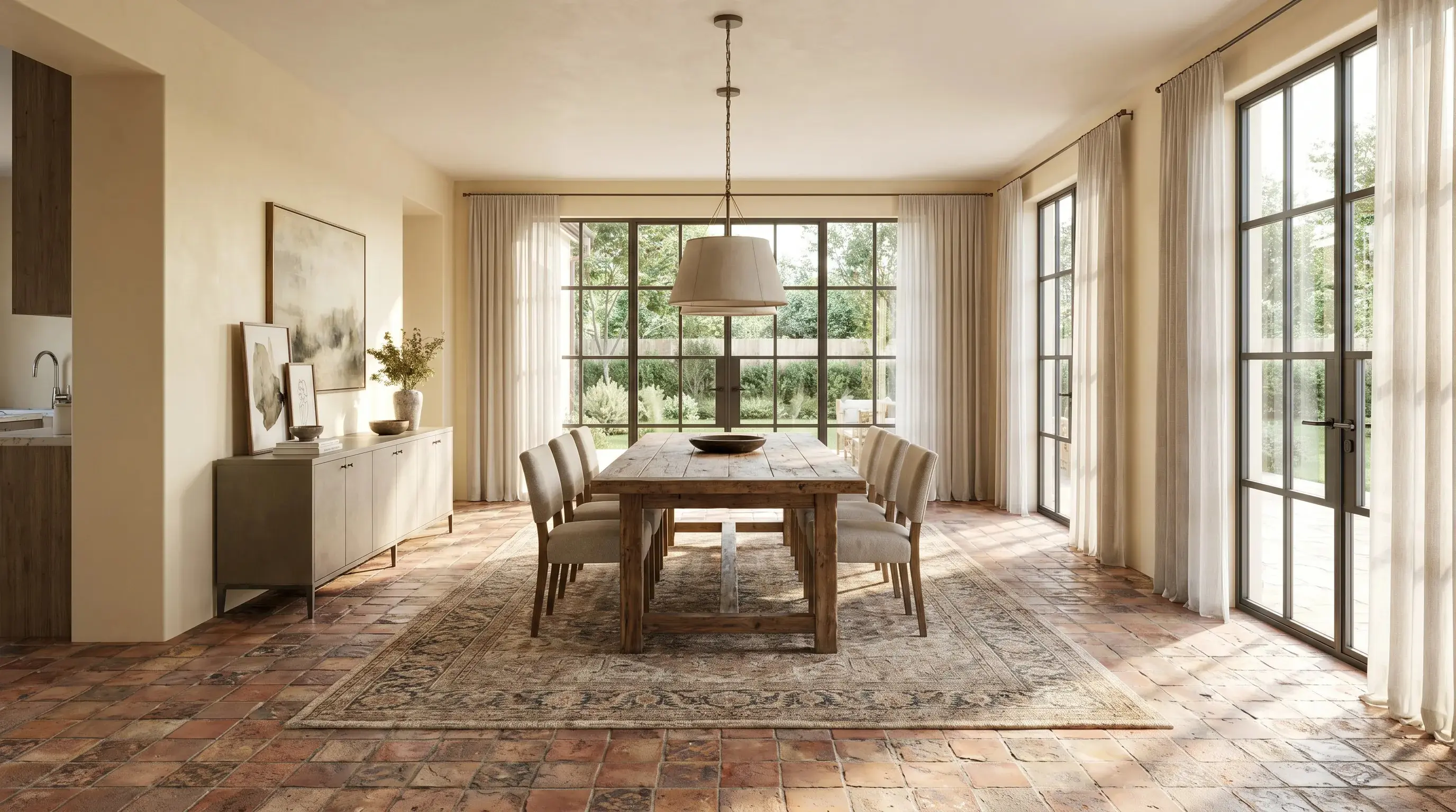 Before photo of a dining room floor ready for warm oak flooring visualization in RenoViz.