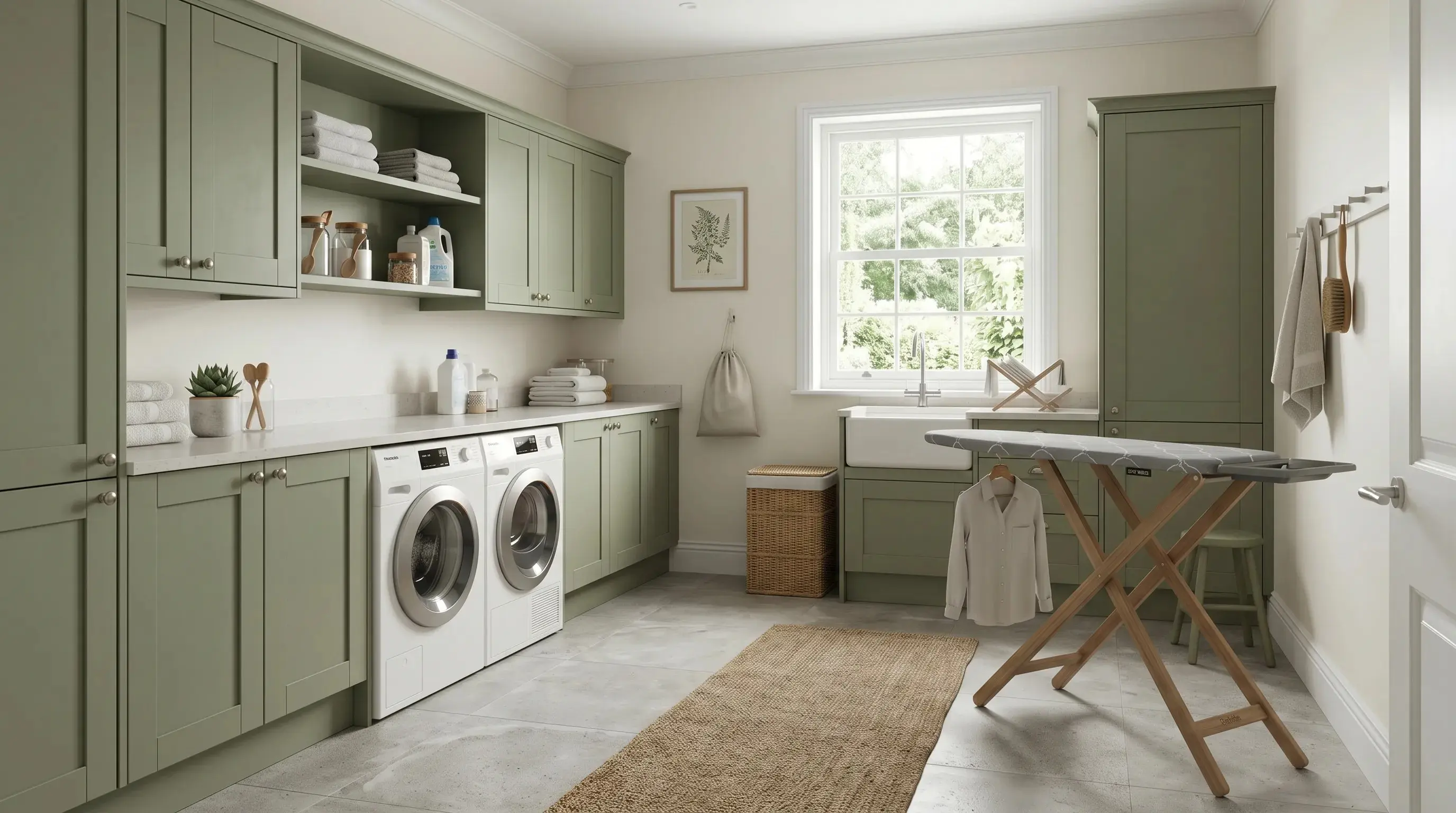 AI visualization of olive green paint #6F7A57 applied to laundry cabinets in RenoViz.