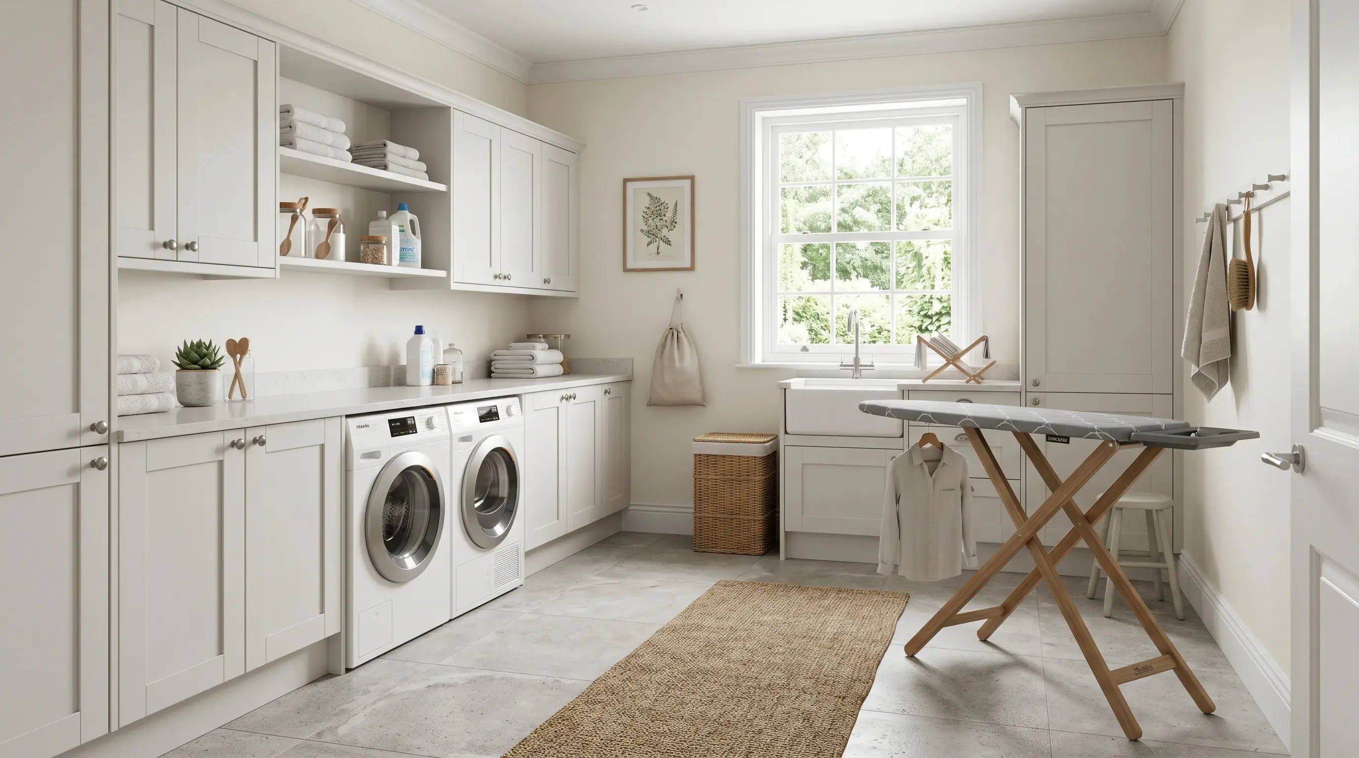 Before photo of laundry room cabinets ready for olive green paint visualization in RenoViz.